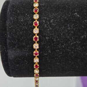 Vintage Gold-Tone Tennis or Ankle Bracelet Garnet & Clear Rhinestones 6"